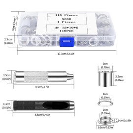 Grommet Kit Tool, 110 Pcs Grommets Eyelets Kit, Eyelets and Punch Metal Washers Setting Tool, 1/2" Eyelet Punch Kit 12mm Eyelets Set for Tarpaulin Leather Fabric Crafting Awning Curtain Eyelet Kit