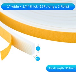 High Density Foam Weather Stripping Door Seal Strip Insulation Tape Roll for Insulating Door Frame, Window, Air Conditioner | Self Adhesive Sealing Weatherstrip (White, 1 in x 1/4 in x 30 Ft)