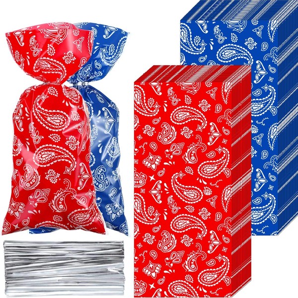 Sumind 100 Pieces Plastic Candy Bags Red Blue Western Party Treat Bags, Bandana Cellophane Goodie Favor Bags with 100 Silver Twist Ties for Kids Western Cowboy Birthday Party Supplies