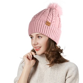 Women's Winter Fleece Beanie Hat, Warm Soft Wool Lined Knit Cross Cap with Pom Pom Snow