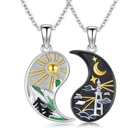 Yin Yang Matching Necklace 925 Sterling Silver 2 Pieces Mountain and Lighthouses Pendant Day and Night BFF Necklace Couple Friendship Jewellery Travel Gifts for Travellers Lovers Friendship, Sterling