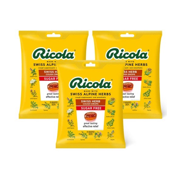 Ricola Sugar Free Swiss Herb Herbal Cough Suppressant Throat Drops | Naturally Soothing Long-Lasting Relief - 19 Count (Pack of 3) Bags