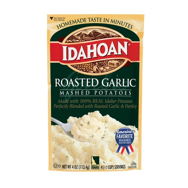Idahoan Roasted Garlic Mashed Potatoes, Made with Gluten-Free 100% Real Idaho Potatoes, 12 (4 Servings) Pouches