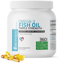 Bronson Omega 3 Fish Oil Triple Strength 2720 mg, Non-GMO, Gluten Free, Soy Free, Heavy Metal Tested, 1250 EPA 488 DHA, 360 Softgels                  