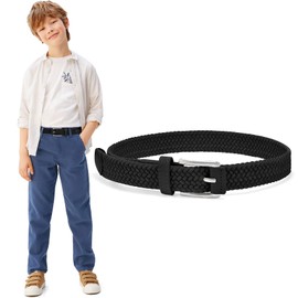 WHIPPY Children's belt, elastic unisex braided elastic stretch belt, woven belt for boys and girls, leather end tip with pin buckle, 3 cm wide, A-Black