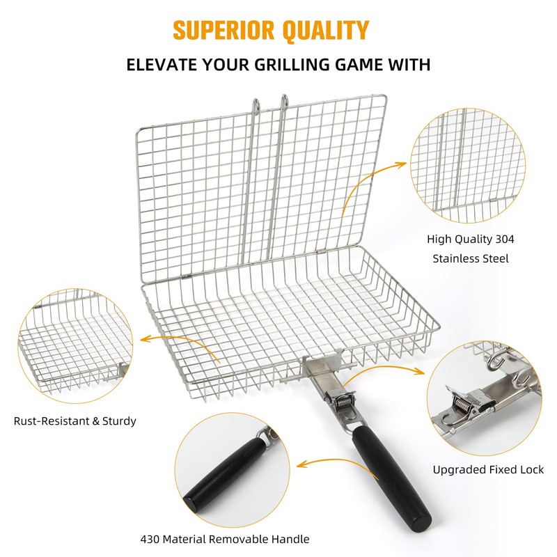 Grill Basket for Outdoor with Removable Handle,Stainless Steel BBQ Camping