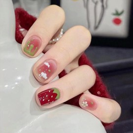 Pack of 24 Square Nails for Sticking, Short, French Press On Nails, Strawberry Clouds, Artificial Nails, Fingernails for Gluing, Natural Acrylic, Full Cover Artificial Nails for Women and Girls, Nail