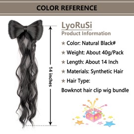 LyoRuSi 14 Inch Ponytail Hair Extension Bowknot Curly Hairpiece Ponytail with Clip Decorative Hair Clips for Women Girls Natural Black