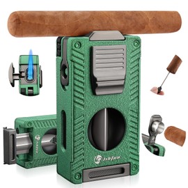 LIHTUN Cigar Torch Lighter, All in 1 Cigar Lighter Built in Cigar Cutter V Cut Cigar Holder Punch Draw Enhancer, Double Jet Flame Refillable Butane Lighters for Smoking, Gifts for Men