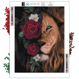 ARTULIO Diamond Painting Set - Lion with Red Roses - 30 x 40 cm - 5D Diamond Painting Pictures DIY, Diamond Painting Adults