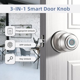 EUERTE Smart Door Knob,Fingerprint Door Knob,Biometric Smart Door Lock with App Control,Metal Alloy Door Knob,Easy Installation,Great for Bedrooms,Cloakroom,Apartments Offices,Hotel(Sliver)