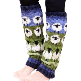 Pachamama Women 100% Wool Legwarmer Handknitted Flock of Sheep Design Blue Multicoloured Regular Fit Handmade Extra Warm