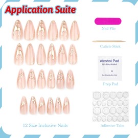 3D Gold Curve Line Press on Nails Medium Almond French Tip Fake Nails False Nails with Gold Chrome Designs Glossy Gel Glue on Nails Acrylic Nails Artificial Nails for Women Girls 24Pcs