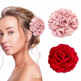 HIFANMM 2pcs Flower Hair Clips Large Rose Hair Accessories for Women Girls, Romantic Pink Red Flowers Hair Claw Clips Fabric Silk Non Slip Hairpin Summer Beach Outdoor Party Wedding Supplies