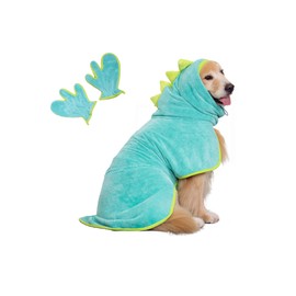 Pawyee Super Soft Fast-Drying Dog Towel Set for Cold Weather, Beach, Pool - Adjustable Microfiber Bath Robe with Drying Gloves for Cats and Dogs (L, Blue Dino)
