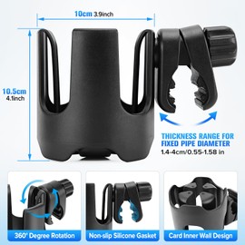 Universal Stroller Cup Holder, 360° Rotation Large Caliber Adjustable Cup Holder for Walker, Wheelchair, Bike, Scooter, Fits Most Cup, Black