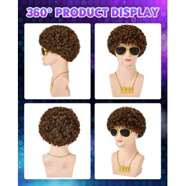 Afro Wig Men 70s Disco Costume - 4pcs Set(Wig+Glasses+Disco Necklace+Wig Cap) Short Brown Curly Natural Synthetic Hair 70s 80s Outfit for Hippies Cosplay Halloween Party