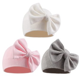 Pesaat Bow Newborn Baby Girls Hat 100% Cotton Infant Beanie Soft Baby Girls’ Hospital Hat (White+Pink+Gray, 0-6 Months)