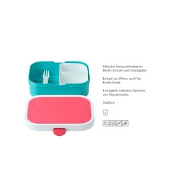 Mepal - Campus Lunch Box - Bento Lunch Box for Children - Lunch Box with Bento Compartment and Fork - Meal Prep Box with Clip Closure - BPA Free & Dishwasher Safe - 750 ml - Turquoise with Pink Lid