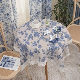 Small Blue Floral Tablecloth Square 24 x 24 inch, Burlap Linen Nightstand Cover, French Vintage Table Cover, End Bedside Chinoiserie Flower Table Cloth, Washable Farmhouse Blue Christmas Home Decor