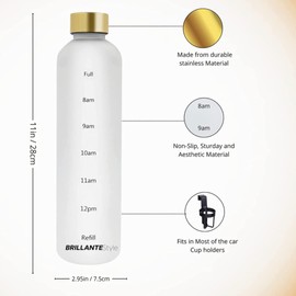 BRILLANTEStyle Water Bottle with Time Marker -32 Oz Frosted Tritan Plastic Bottle, Reusable BPA-Free Leakproof Travel Bottle with Cute Screw-On Gold Lid, For Office, Sports, and Gym (Write)