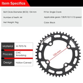 BESNIN Chainring 104 BCD Chainring 30T 32T 34T 36T 38T 40T 42T 44T 46T 48T 50T 52T Narrow Wide Tooth Round Chainring for 7/8/9/10/11/12 Speed MTB BMX Road Bike (Black, Round 44T)