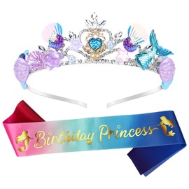 CIEHER Mermaid Crown and Birthday Princess Sash for Women Girls Birthday Girl Sash Mermaid Tiara Mermaid Birthday Decorations Princess Birthday Party