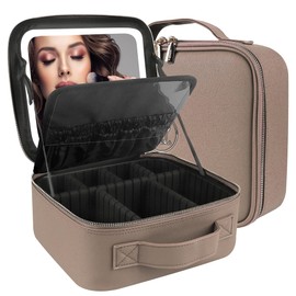 MOMIRA Travel Makeup Bag Cosmetic Bag Makeup Organizer Bag with Large Lighted Mirror 3 Color Scenarios Adjustable Brightness, Waterproof Makeup Travel Case(Deep Apricot)