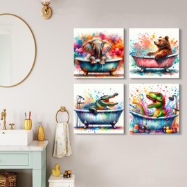 Funny Kids Bathroom Wall Art Colorful Animals in Bathtub Pictures Wall Decor Watercolor Cartoon Elephant Bear Crocodile Dinosaur Bath Painting Artwork for Nursery Bedroom Home Decorations 12x12" 4 Pcs