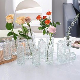 Glass Bud Vases Set of 12, Small Diamond Bud Vases in Bulk, Mini Flower Vases for Centerpieces, Vintage Vase for Table Decorations, Wedding, Office, Recepetion, Home Decor.(Clear)