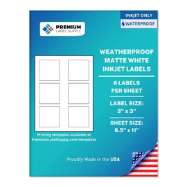 Premium Label Supply Waterproof Matte White Sticker Square Labels – 3" x 3" – Inkjet Printers Only – (6 per Sheet), 25 Sheets - 150 Total Adhesive Labels