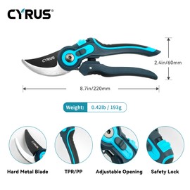CYRUS Adjustable labor-saving Pruning Shears, Garden Shears with Non-Stick Carbon Steel Blade, 0.866 Inch Cutting Diameter, Safety Lock & Anti-Slip TPR Handle for Gardening, Flower Trimming