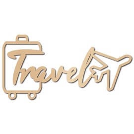 CREATCABIN Travel Wall Decor Laser Cut Wooden Words Unfinished Wood Hanging Wall Art Travel Theme Letter Sculpture with Airplane Suitcase Sign for Home Classroom Office Bedroom Decor 11.8x5.9 Inch