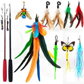 miwoowim Cat Toys Interactive for Indoor Cats, 2PCS Ultra-Long Teaser(50"+38")+9PCS Da Bird Feather Refills, Fishing Pole Toy,Retractable Cat Wand Toy and Feather Toys Refills Attachment Replacement