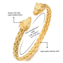 OIDEA Men's Viking Wolf Head Bracelet: Open Bangle Leather Stainless Steel Wolf Head Viking Rune Celtic Knot Open Wrist Jewellery Gift for Men Family Friend, 19 centimetres, Stainless Steel