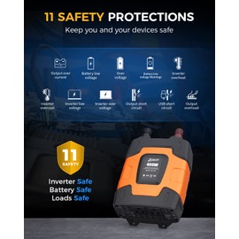 Ampeak 400W Power Inverter 4.8A Dual USB Ports 2 AC Outlets Car Inverter DC 12V to AC 110V 11 Protections for Devices