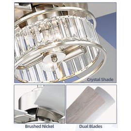 YOUKAIN Brushed Nickel Ceiling Fan, 48 Inch Modern Crystal Ceiling Fan with Lights and Remote Control, 5-Reversible Blades with Gray/Wooden Finish, 48-YJ632A-BN