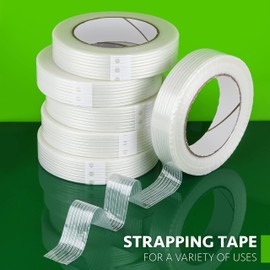 Strapping Tape 1 inch x 60 yds, (12 Pack) Fiberglass Tape Super Strong Reinforced Tear Resistant Clear Strapping Tape Holds up to 120 LB.