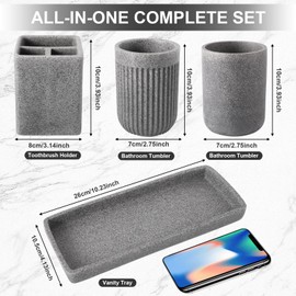 Resin Matte Gray Bathroom Toothbrush Cups Set with Holder and Tray, 4 Pcs Bathroom Accessories Set Counter Organizer for Sink Home Decor