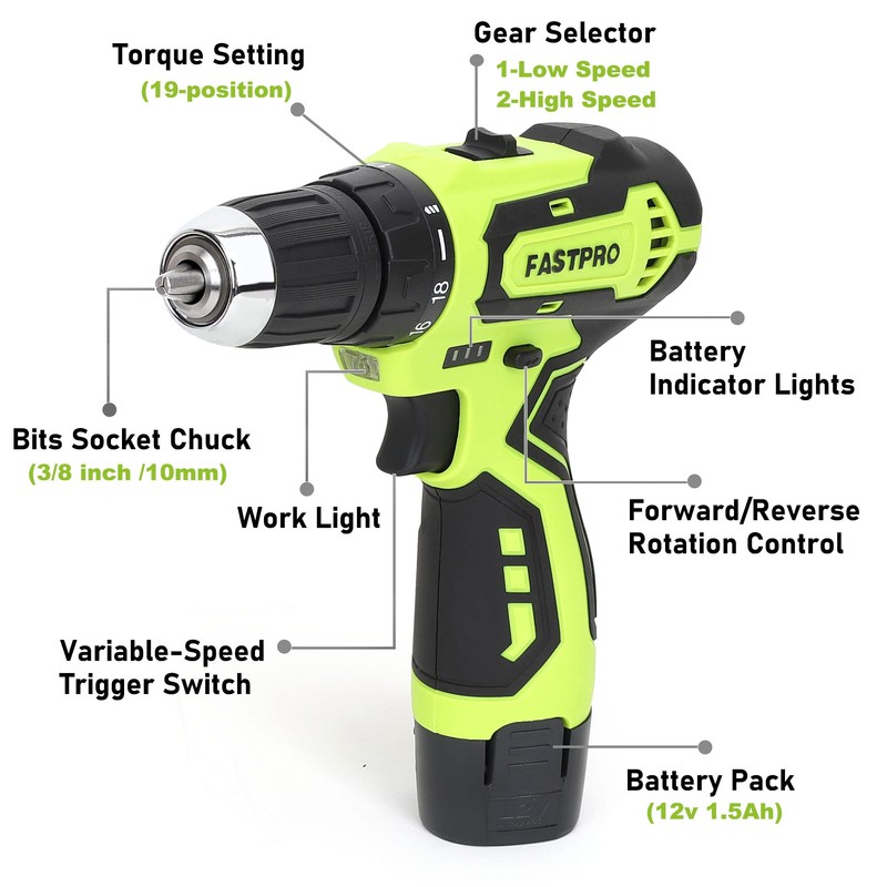FASTPRO 175-Piece 12V Cordless Drill Set, Drill Driver and Home
