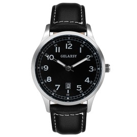 GELAXSY Men’s Watches 40mm Quartz Watches with Analogue Display Date Window and Leather Strap Wrist Watches for Men Water Resistant Watches for Men (Silver Black)