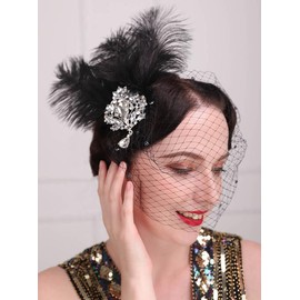 Teyglen 1920s Black Feather Hair Clip Pin with Veil Flapper Feather Headpiece Rhinestone Roaring 20s Hair Accessories Feather Headband Fascinator for Women