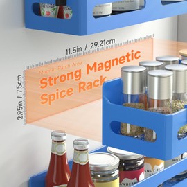 Sevenblue 4-Pack Magnetic Spice Rack for Refrigerator with Hooks, Blue | Strong multipurpose magnetic shelf for kitchen & bathroom organization. Includes