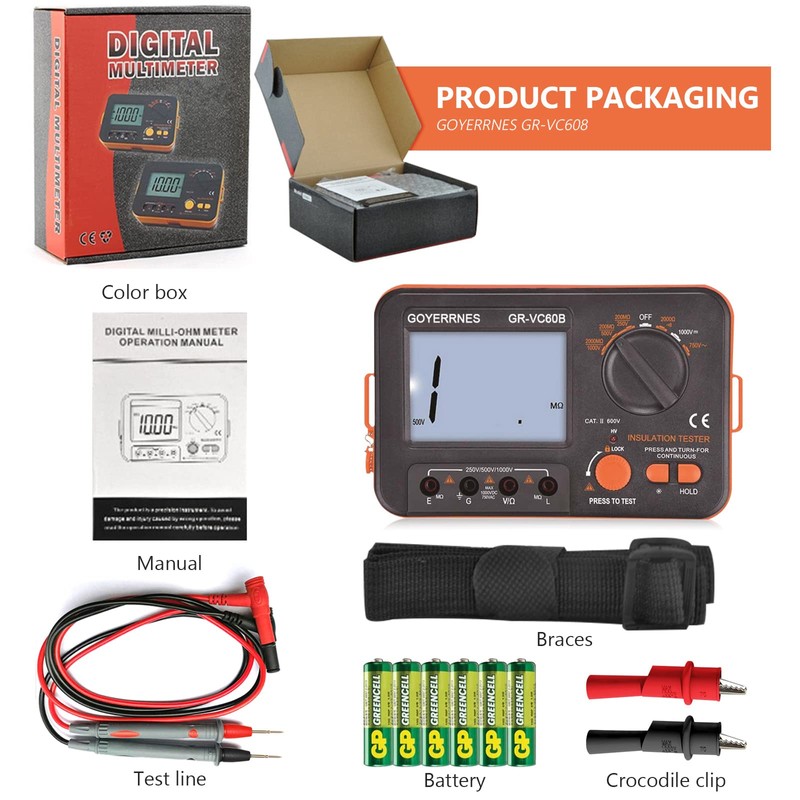 Insulation Resistance Tester Digital Ohm Meter Megohmmeter GR-VC60B+ DCV Megohm