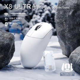 ATTACK SHARK X8ULTRA Wireless Gaming Mouse, 42000 DPI PAW3950MAX Sensor, 8000Hz Optical Nordic 52840 Tri-Mode 2.4G/BT/Wired, 55g Lightweight Big Hand Ergonomic Mouse with Coiled Cable-White&Tape