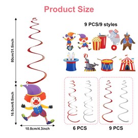 Pack of 24 Clown Garland Carnival with Spirals Garland Decoration Hanging Swirl Decoration for Ceiling Hangers 9 Designs Double-Sided Colour Print for Carnival Birthday Circus Party Decoration