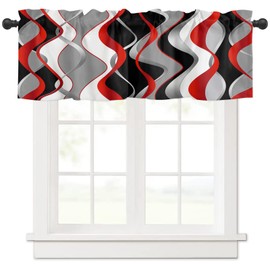 Red Black Grey Curtains Valances, White Moire Geometric Short Curtain Window Treatment with Rod Pocket, Modern Abstract Art Kitchen Valance Curtains for Living Room Bedroom Bathroom Cafe 54"x18"