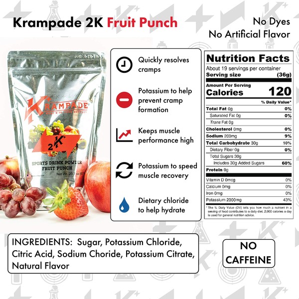 Krampade Original 2K - 2000 mg Potassium Electrolyte Powder Drink Mix | Cramp Relief - Hydration - Increased Performance (Fruit Punch, 19-Serving Resealable Pouch)