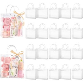 50 Pack Clear Plastic Gift Bags with Handles, Party Favor Bags with Ribbons and Tags, Reusable Goodie Bags Tote Bags for Wedding Baby Shower Valentine’s Day (4.9" x 5.9" x 2.8"):_5.9 x 6.3 x 2.8 Inches