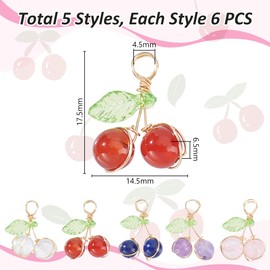AHANDMAKER 30Pcs Cherry Pendants Fruit Dangle Charms Beads 5 Colors Blossom Beads With Round Copper Wire Wrapped Pendants for Jewelry Making Earrings Necklace Bracelets DIY Crafts 17x14x6mm